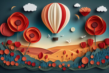 hot air balloon over poppy field, paper craft art or origami style for baby nursery, children design