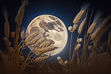 Wall Mural - close-up of moon, shining over tranquil harvest moon night, created with generative ai