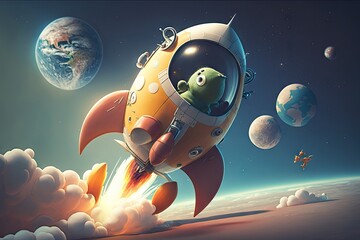 Wall Mural - cute rocket taking off and soaring through the sky, with view of earth visible in the background, cr