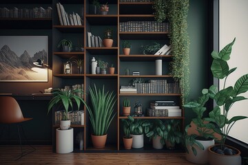 Wall Mural - bookshelves with books and plants on display in modern office, created with generative ai