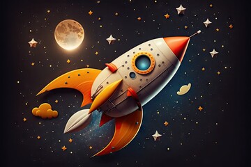 Canvas Print - cute rocket ship floating in the night sky, with stars and moon visible, created with generative ai