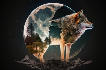 Wall Mural - double exposure of wolf and moon, with the contrast between nature and science, created with generative ai