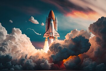 Canvas Print - rocket ship breaking the atmosphere, with view of blue sky and clouds visible, created with generati