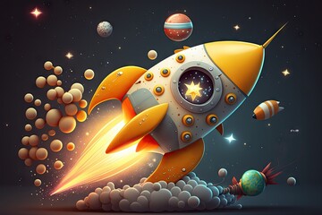 Wall Mural - cute rocket in flight, with the stars and planets visible in the background, created with generative