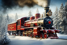 Old Illuminated Steam Locomotive Driving At Night Through A Dreamlike Snowy Forest At Christmas Time, Generative AI