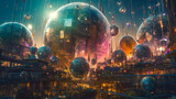 Fototapeta  - futuristic urban city, psychedelic abstract cityscape planet on future generative ai