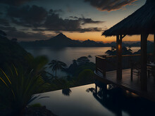 Indonesian Style Villa Overlooking A Beautiful Sunset Landscape Of Green Hills And The Sea