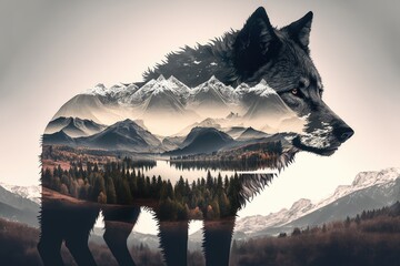 Wall Mural - double exposure of wolf and scenery, with misty mountains in the background, created with generative ai