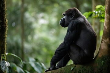 Canvas Print - gorilla sitting on tree branch, looking out at peaceful forest, created with generative ai