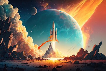 Wall Mural - rocket start, with the view of colorful and peaceful planet in the background, created with generati