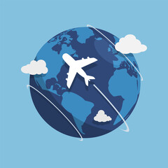 Wall Mural - Travel background with Planet Earth and airplane in a flat design