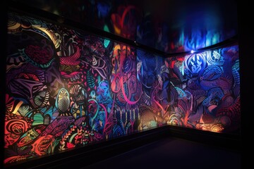 Wall Mural - blacklight and uv-reactive mural depicting abstract shapes and patterns, created with generative ai