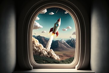 Wall Mural - cute rocket start, with view of scenic landscape visible through the window, created with generative