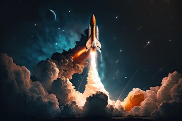 Wall Mural - a rocket blasting off into the night sky against a starry backdrop, created with generative ai