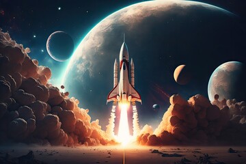 Wall Mural - rocket launching into space, with planet and stars in the background, created with generative ai