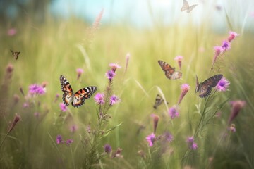 Wall Mural - butterflies fluttering past blooming meadow, on their journey north, created with generative ai