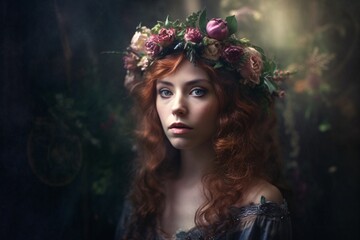  Ethereal Fantasy Portrait of beautiful woman with Floral Crown. Generative Ai.