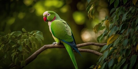 Wall Mural - Outdoors, a rose-ringed parakeet sits in a vertical shot. Generative AI