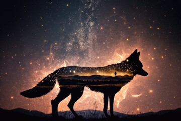 Wall Mural - double exposure of wolf and starry sky, with the milky way visible in the background, created with generative ai