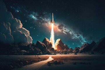Canvas Print - rocket launch, with view of the night sky, and stars visible, created with generative ai