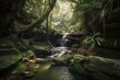canvas print picture - forest with waterfall, cascading water into natural pool, created with generative ai