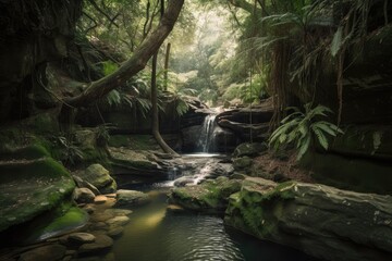 forest with waterfall, cascading water into natural pool, created with generative ai