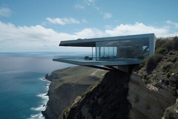 Poster - futuristic house perched on the edge of a cliff, with incredible view, created with generative ai