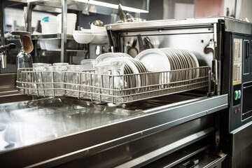 Wall Mural - close-up of industrial dishwasher, with towels and cleaning supplies visible, created with generative ai