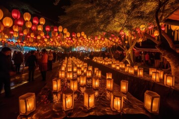 Wall Mural - a mystic festival of light, with lanterns and candles illuminating the night, created with generativ