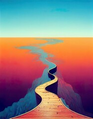 Wooden path leading to the ocean at sunset. Concept of travel and adventure - AI Generative
