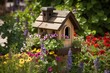 birdhouse with built-in bird feeder, surrounded by blooming flowers, created with generative ai