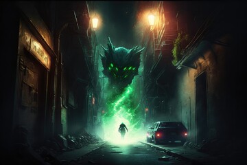 Wall Mural - alien blaster running through dark and mysterious alleyway in the night, created with generative ai