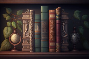 Wall Mural - bookshelf lined with antique books and scrolls, created with generative ai