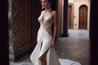 the bride in a white slit wedding dress, in the style of luxurious elegance. generative AI