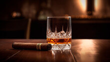 A Glass Of Whiskey With Cuban Cigar On A Wooden Table, For Father's Day. Generative Ai.