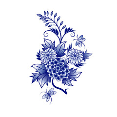 Wall Mural - Blue and white bouquet of abstract flowers and butterflies. Design elements on a white background. Chinese style decoration. Floral vector template.