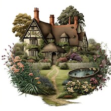English Country Garden Isolated On White. Clipart. AI Generated
