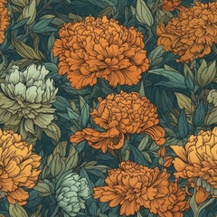 Wall Mural - Seamless Marigold Floral Pattern, Orange and Yellow Flower Pattern, Generative AI