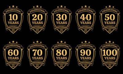 10, 20, 30, 40, 50, 60, 70, 80, 90, 100 years anniversary icon or logo set. Yubilee celebration, company birthday golden badge or label. Vintage banners with shield and ribbon. Vector illustration.