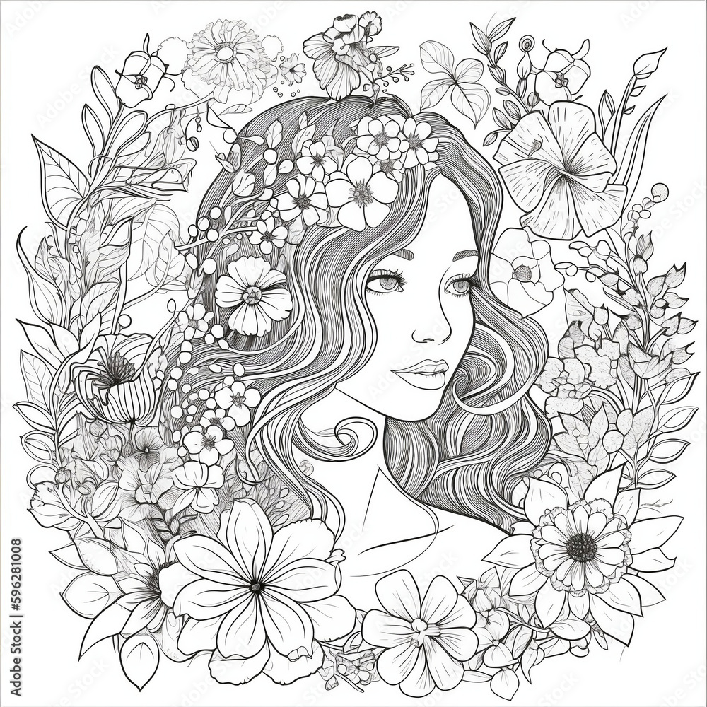 Printable Women Colouring Page Grayscale Illustration created with Ai ...