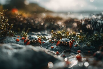 Wall Mural - Captivating scenes of nature with stunning bokeh and ultra-wide angle lens capturing the beauty of the beach and gardens, complemented by ladybugs and floating crabs. Generative AI