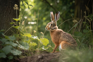 Close-up of a hare in summer forest, Generative AI
