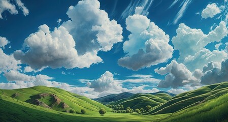 Wall Mural - Stunning panorama of verdant hills and azure, cloudy sky Generative AI
