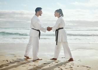 Wall Mural - Great work today. Full length shot of two young martial artists practicing karate on the beach.