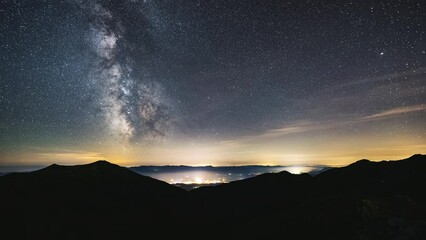 Wall Mural - starry night sky with milky way galaxy in mountains landscape astronomy time lapse, stars motion ove