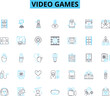 © Nina - Video games linear icons set. Adventure, Console, eSports, Fun, Gaming, Graphics, Immersive line vector and concept signs. Innovation,MMO,Multiplayer outline illustrations