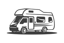Camper Motorhome Road Trip RV Transportation Van Truck Family Vacation Isometric Vintage Icon Vector