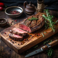 Wall Mural - juicy grilled steak with herbs and spices on rustic cutting board. Barbecue