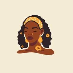 Wall Mural - Tribal Afro black woman face summer yellow romantic flower hairstyle beauty logo vector flat illustration