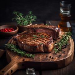 Canvas Print - juicy grilled steak with herbs and spices on rustic cutting board. Barbecue